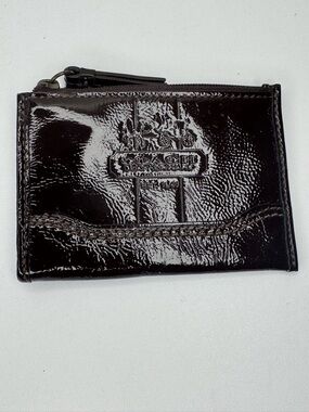 Coach tattersall brown patent card holder key chain mini wallet